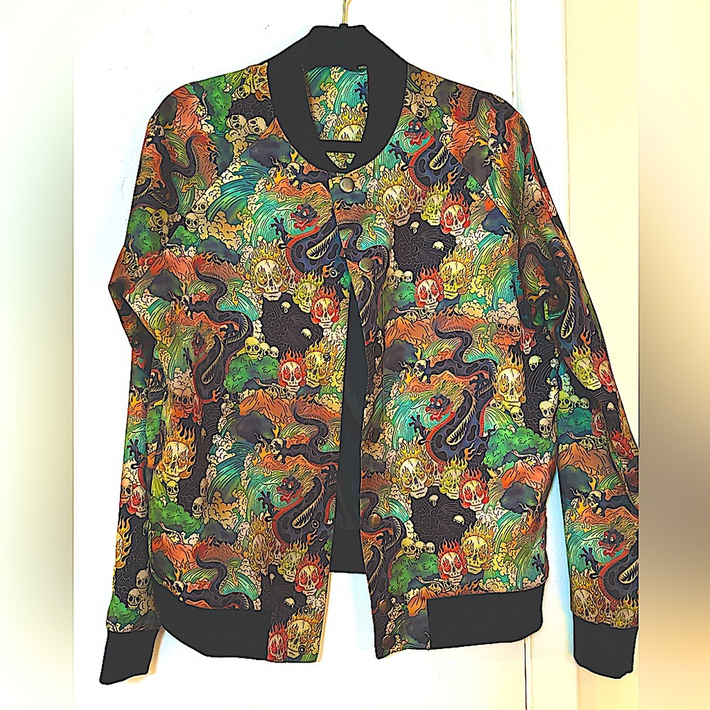 Top Man Skull&Serpent Bomber Jacket Lined Amazing Vivid Print! Men’s Size Medium